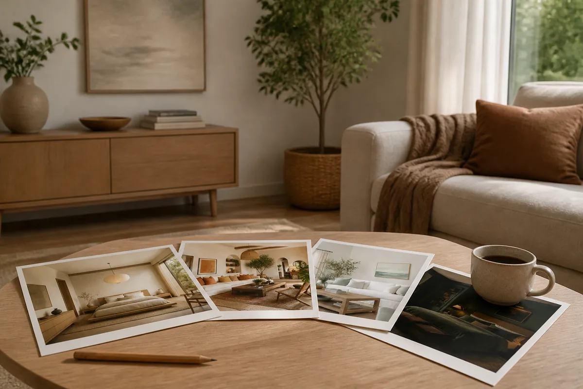 Printed style guide pages with finished rooms on a coffee table in a calm living room