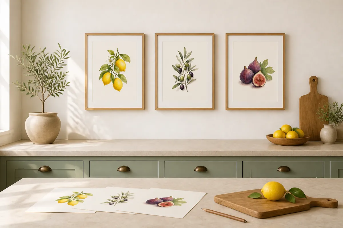Three framed lemon, olive and fig watercolor prints above a kitchen counter, with the printed kit below