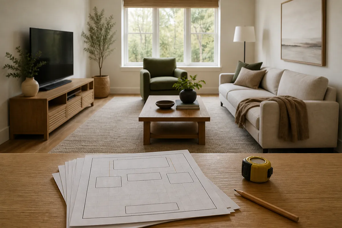 Printed floor plan pages and a tape measure in front of a finished living room