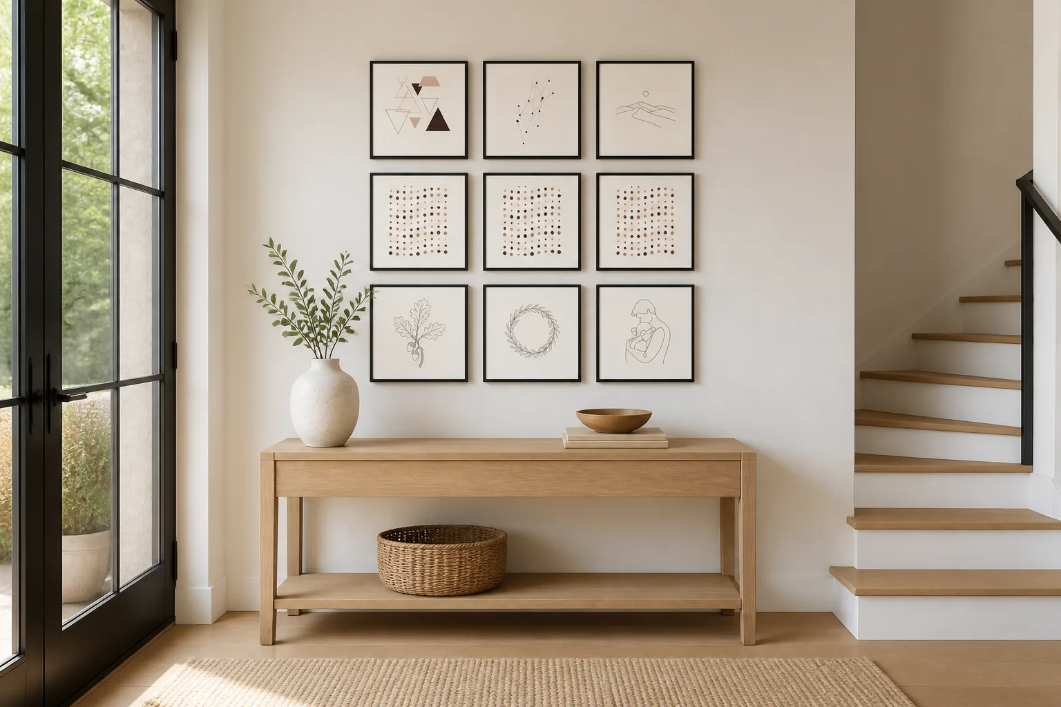 The Classic Grid layout from The Gallery Wall Studio: nine framed prints above an entryway console.