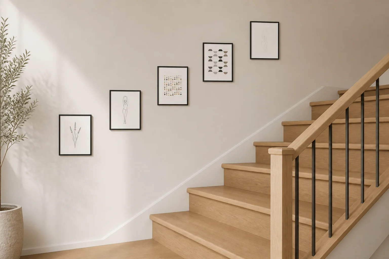 The Staircase Steps layout from The Gallery Wall Studio: five framed prints rising along a staircase wall.