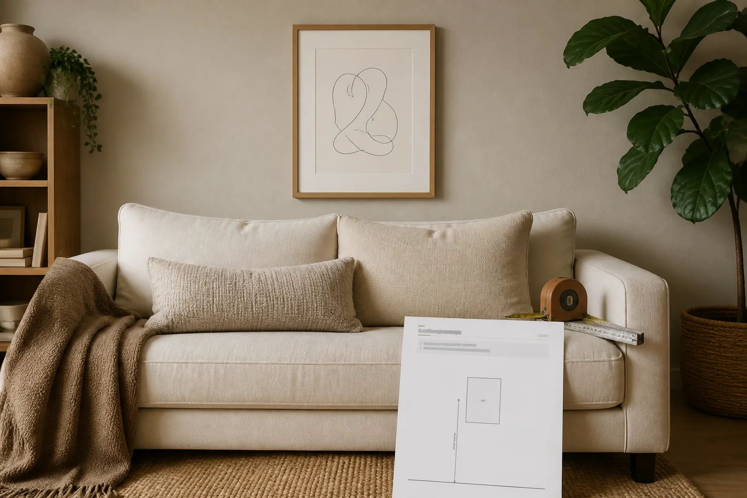 Art hung at the right height above a sofa, with a measurement diagram sheet from the Decorator's Cheat Sheets.