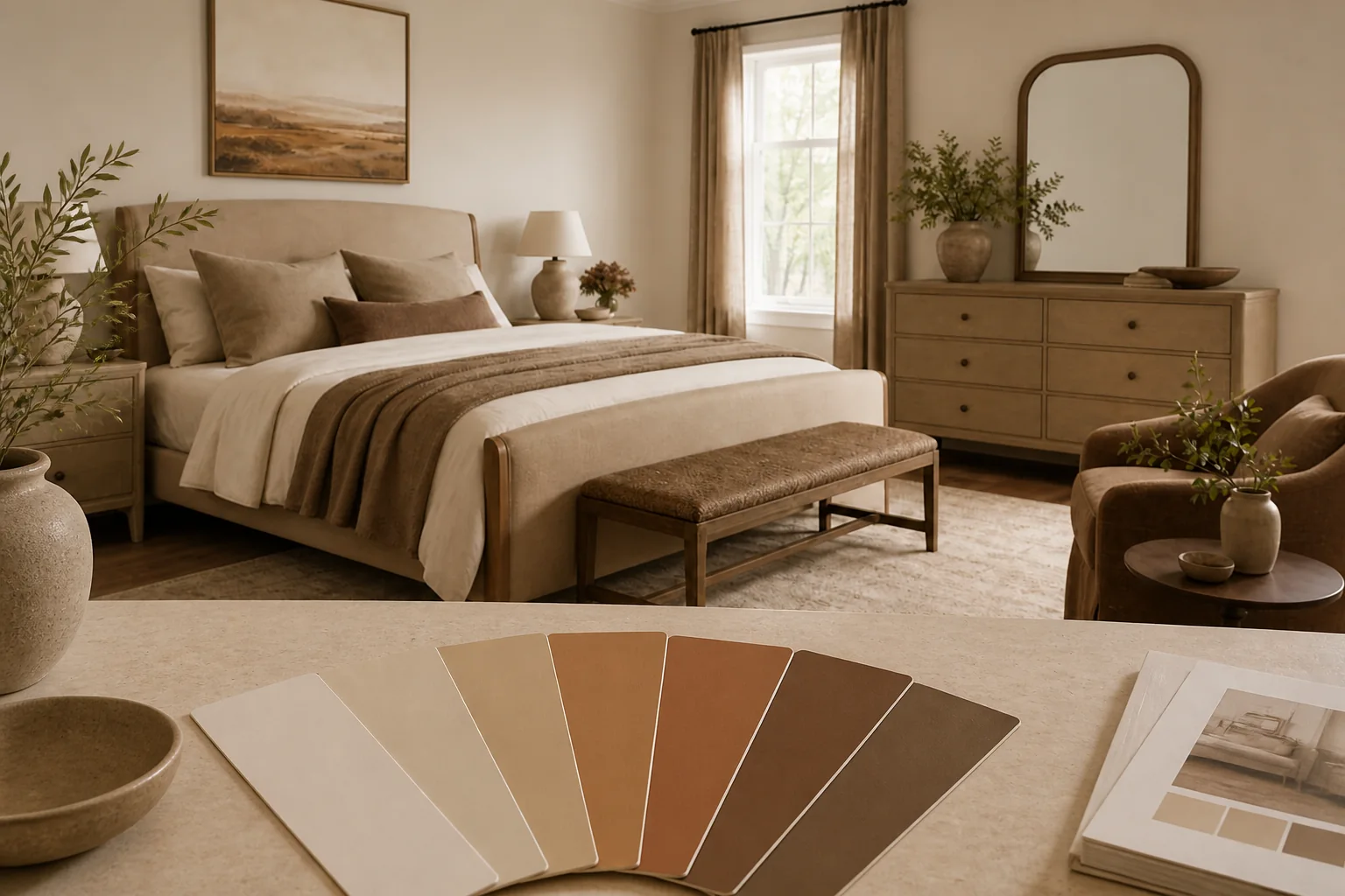 A bedroom from the Color Palette Handbook with fanned paint swatches.