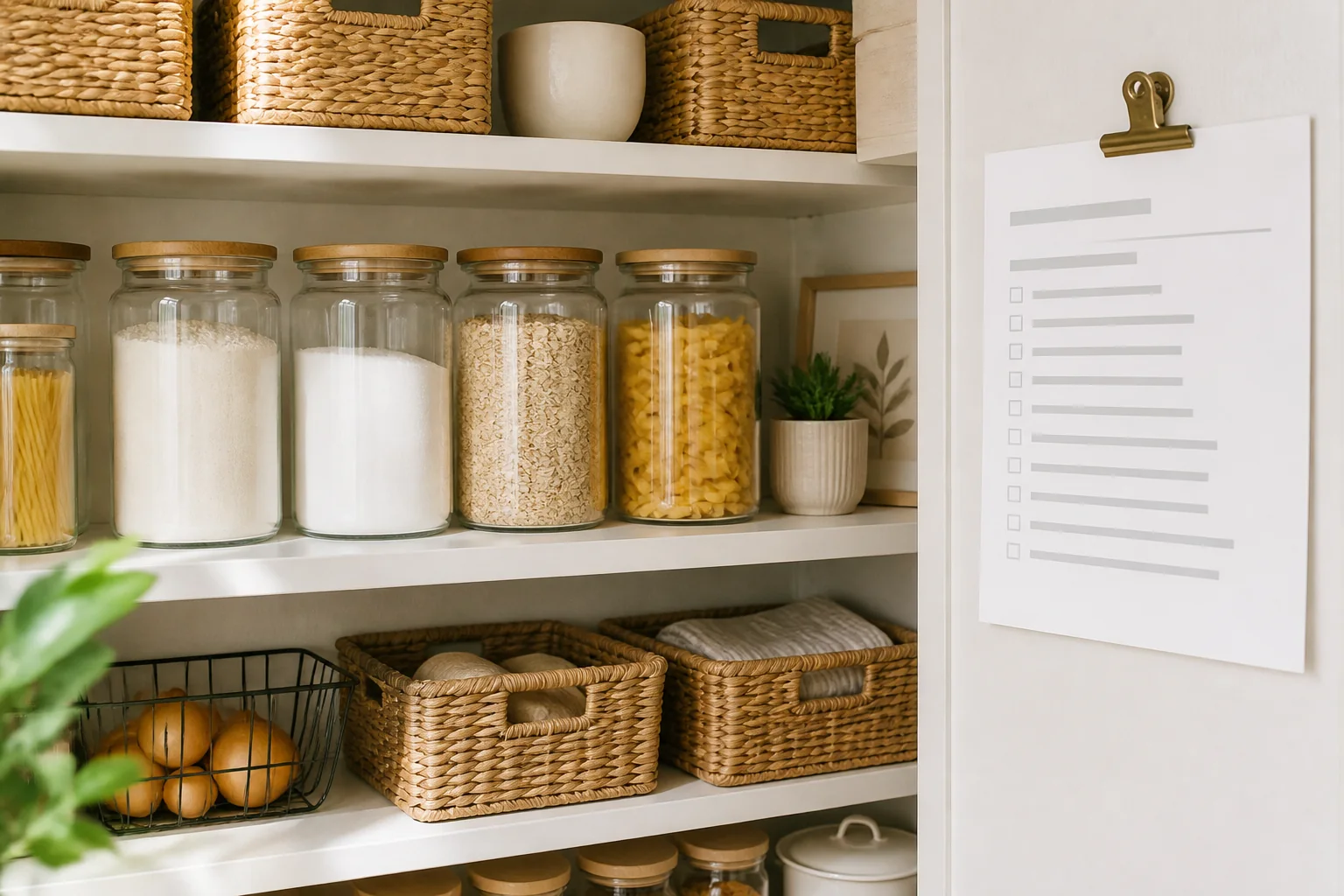 An organized pantry with a wordless printable checklist from the Whole-Home Reset.