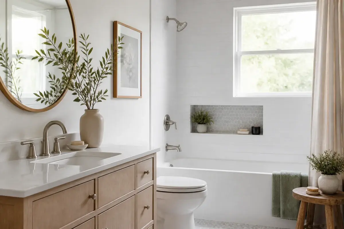 A styled bathroom with muted sage green accents