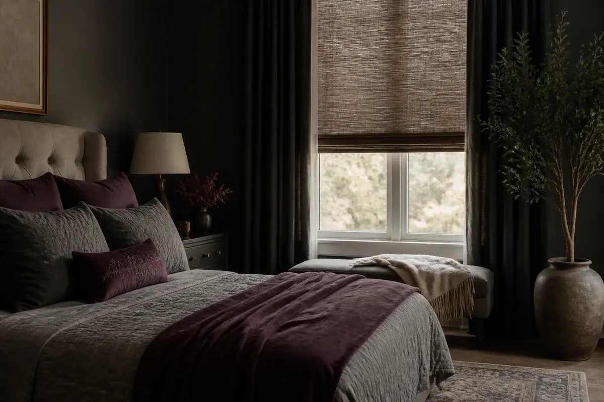 A styled bedroom with deep plum accents
