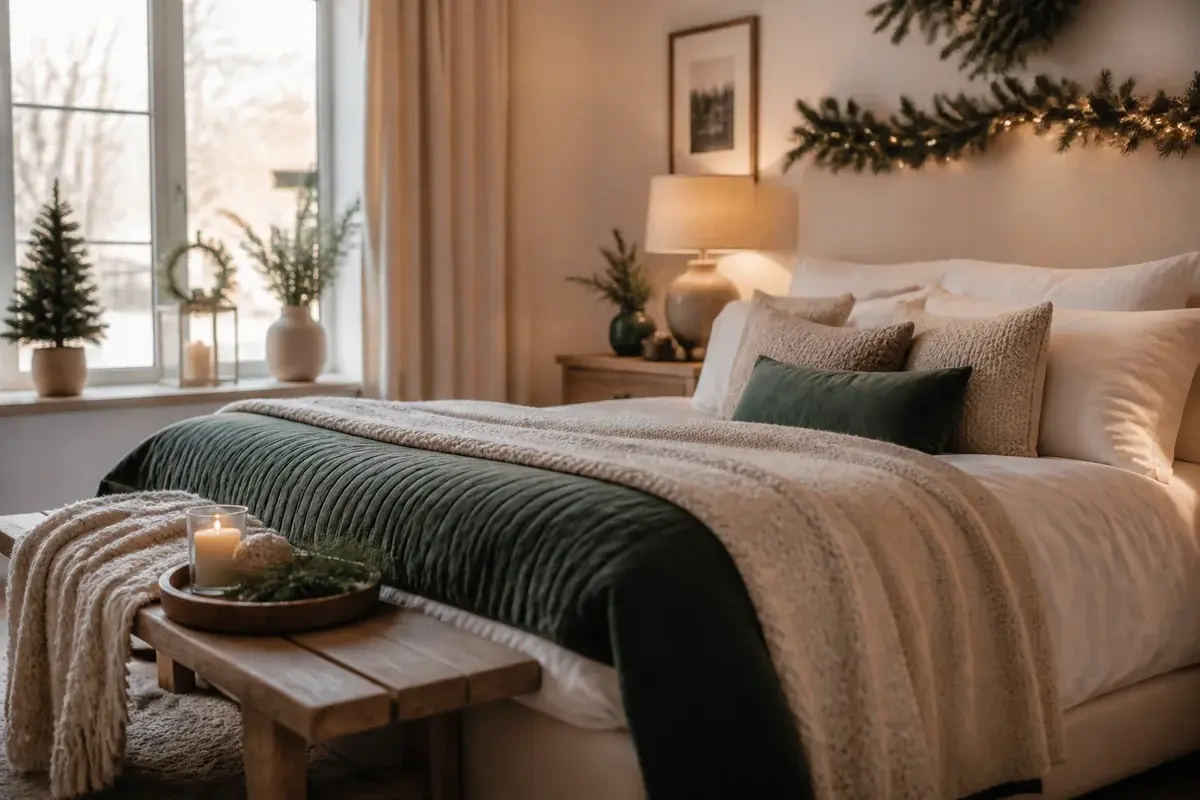 A styled bedroom with deep forest green accents