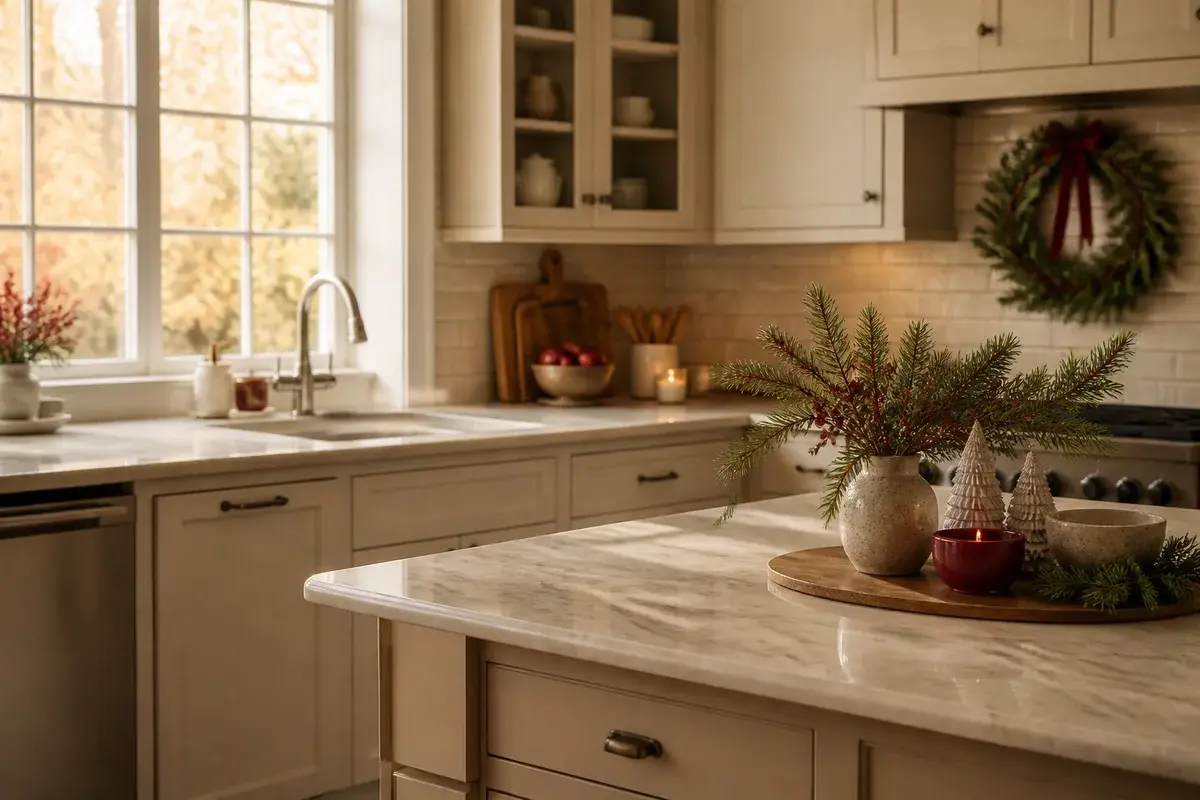 A styled kitchen with deep cranberry accents