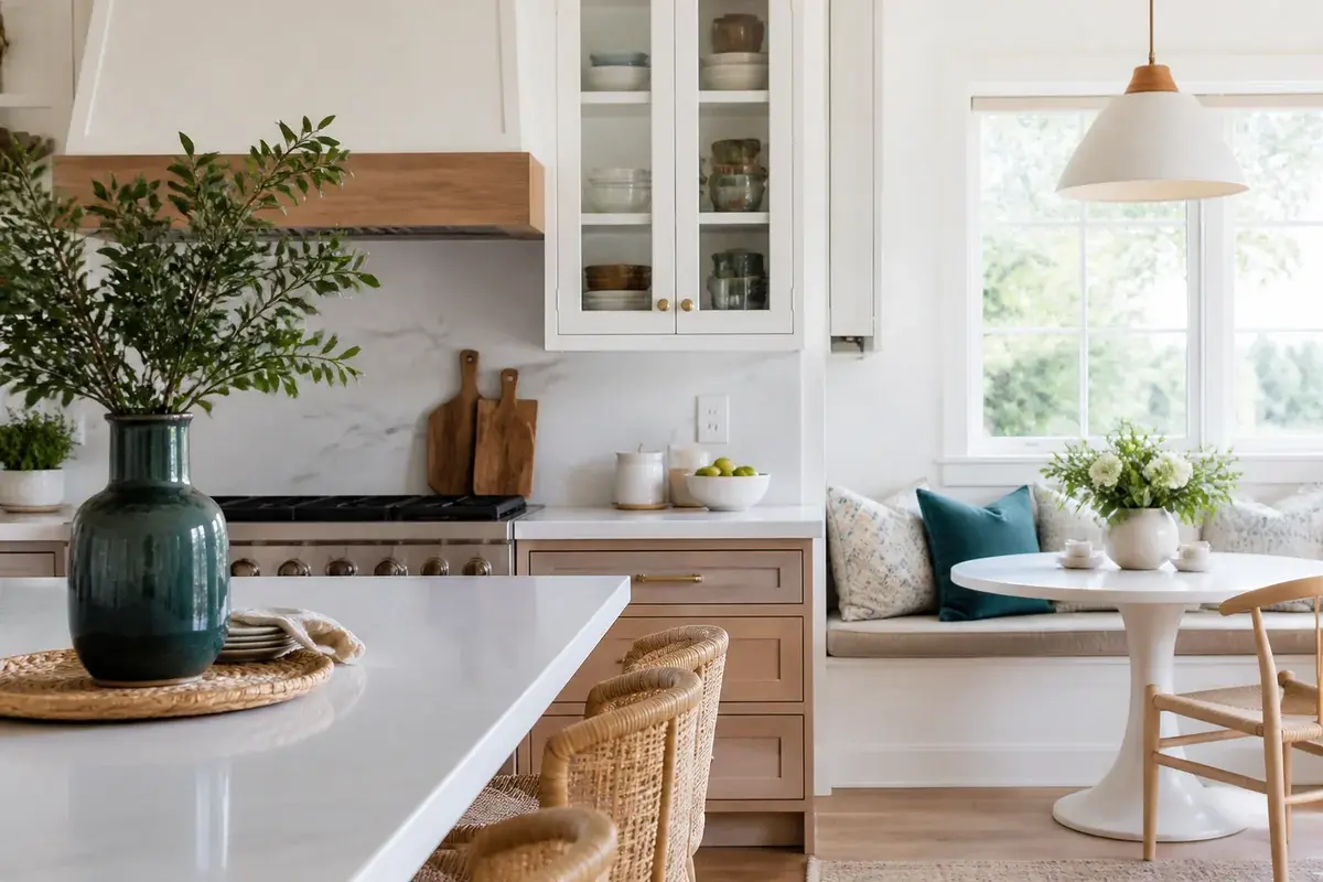A styled kitchen with deep teal accents