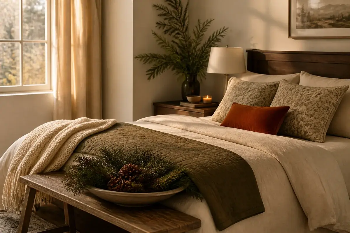 A styled bedroom with warm terracotta accents