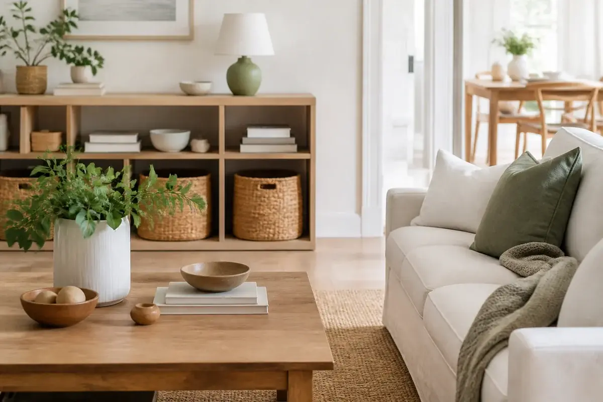 A styled room with muted sage green accents