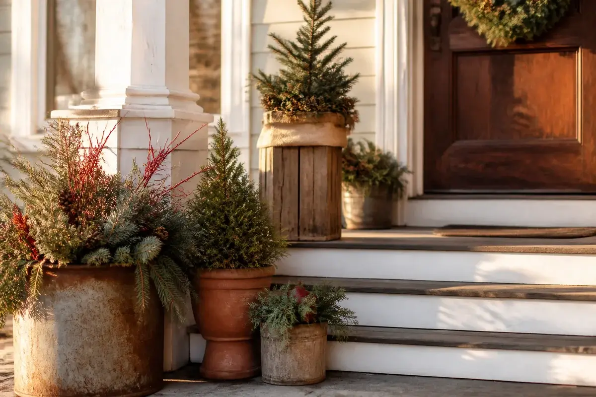 A styled porch with warm terracotta accents