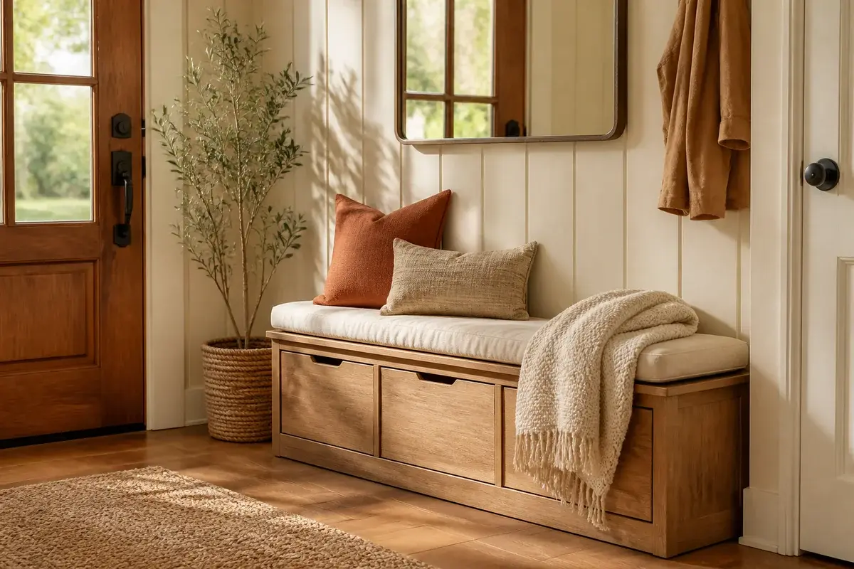AI-generated illustration of an entryway with a wood storage bench, a seat cushion and rust pillows, a mirror and an olive tree by the door