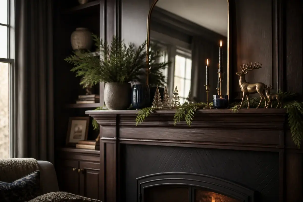 11 Warm Holiday Mantel Decorating Ideas for Dark Wood