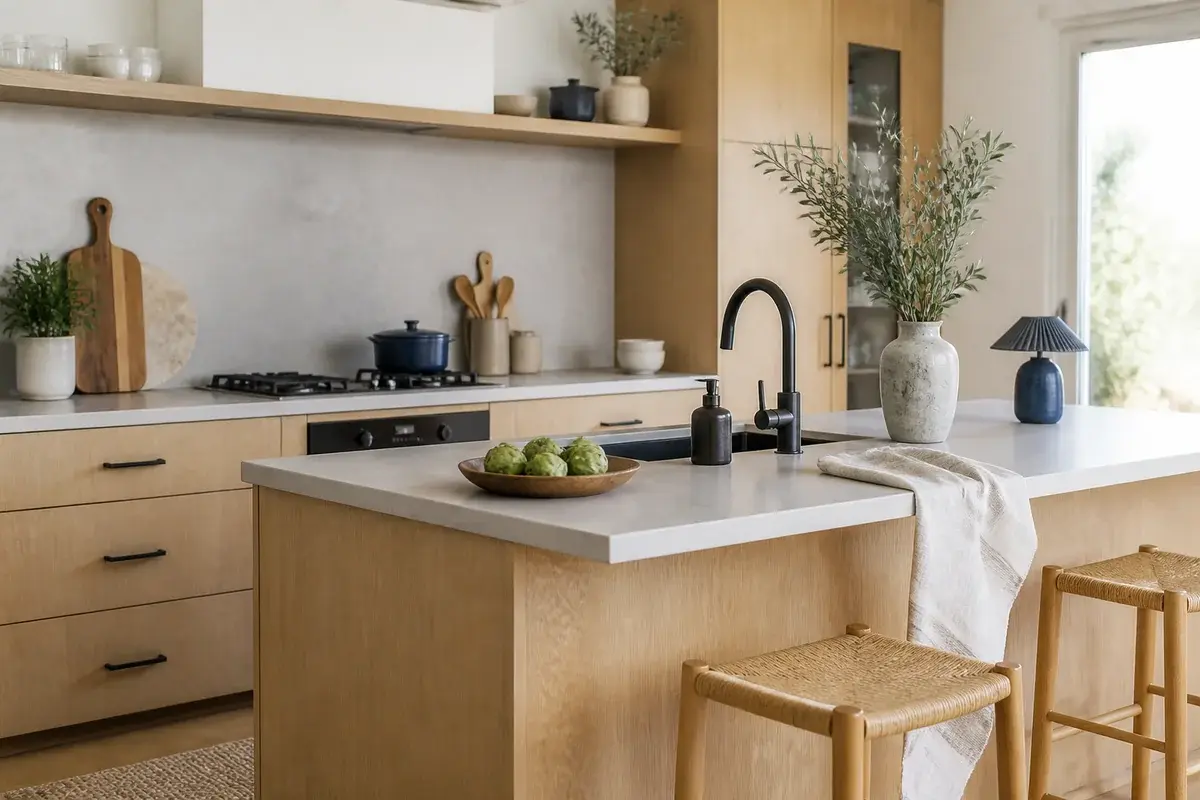 A styled kitchen with deep navy blue accents