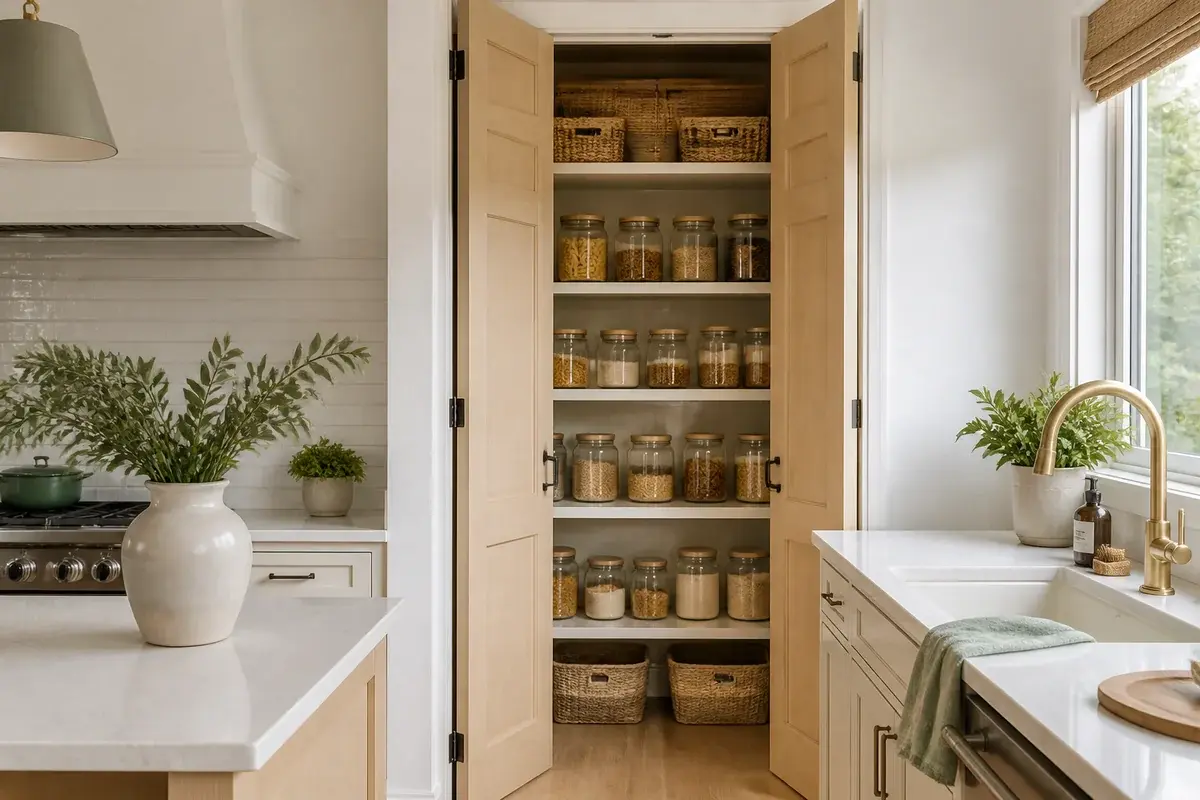 A styled kitchen with muted sage green accents