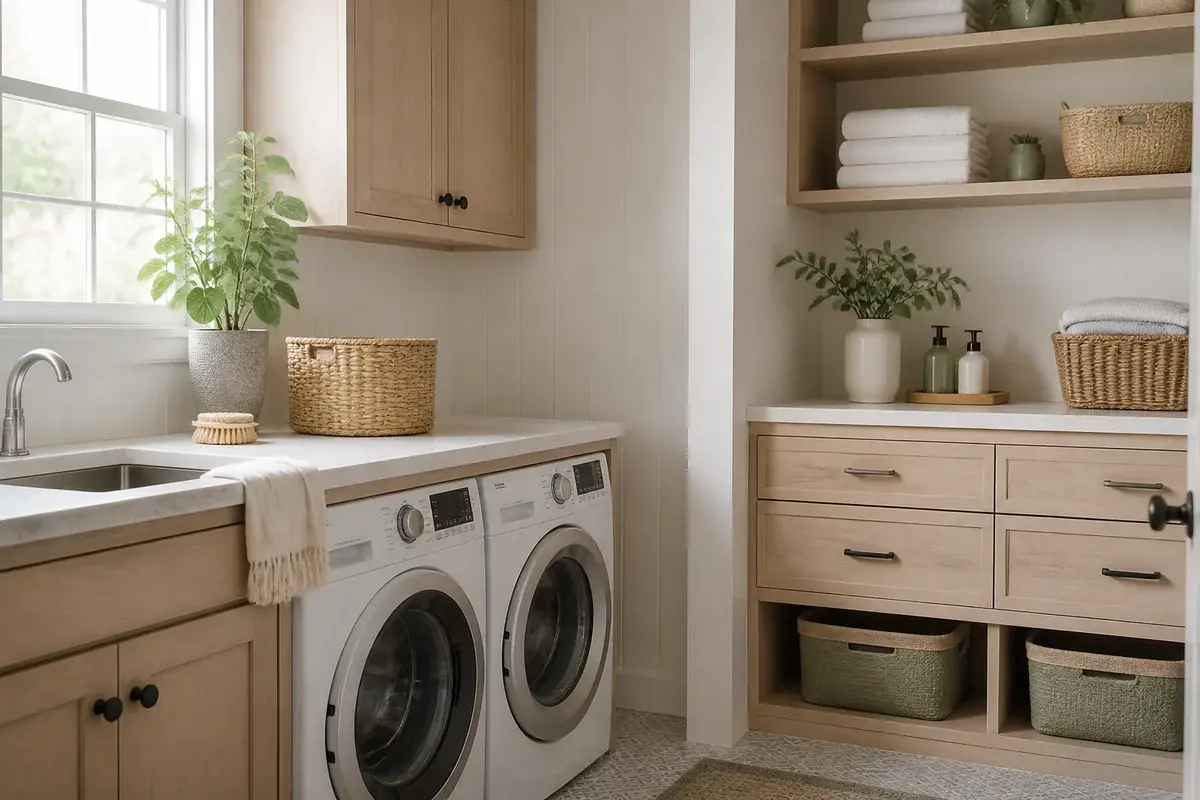 A styled laundry room with muted sage green accents