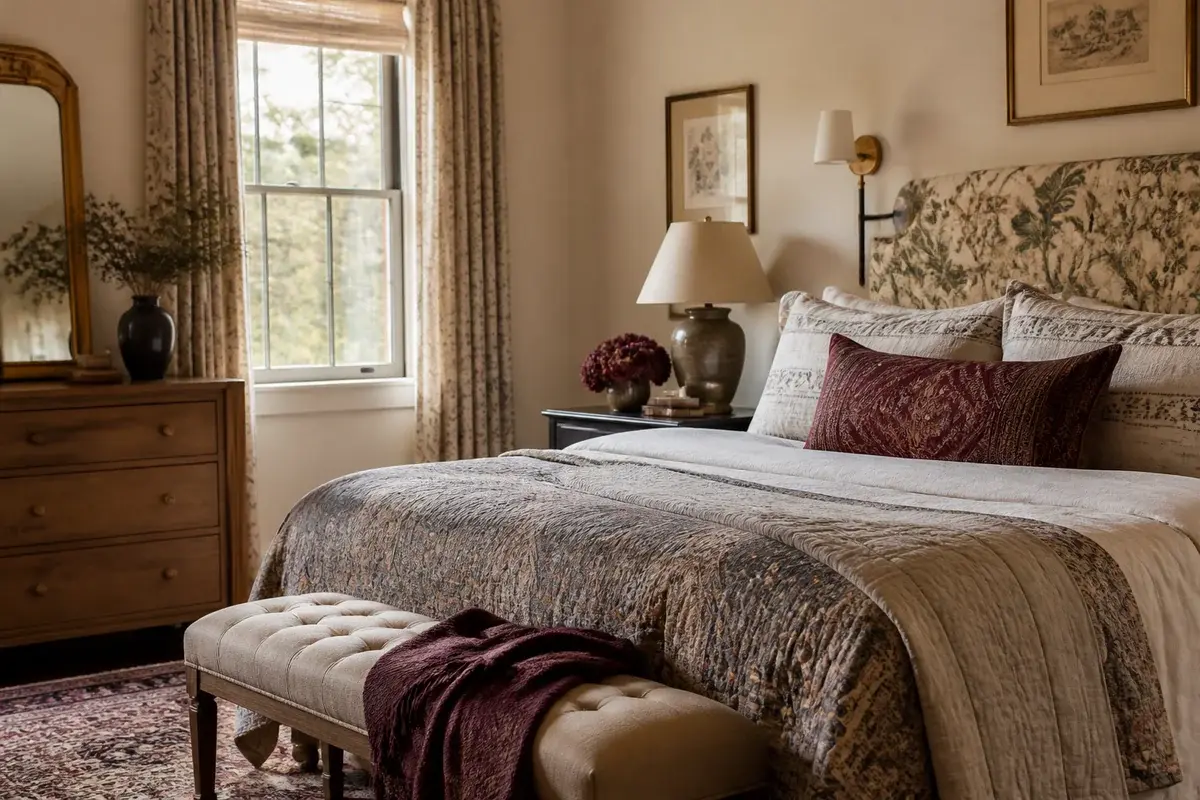 A styled bedroom with deep burgundy accents