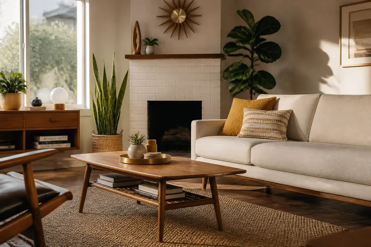 A styled living room with golden mustard accents