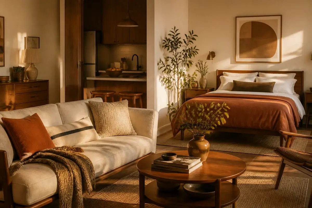 A styled room with rich espresso brown accents