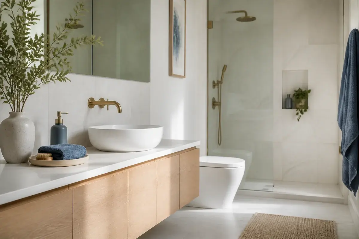 A styled bathroom with dusty slate blue accents