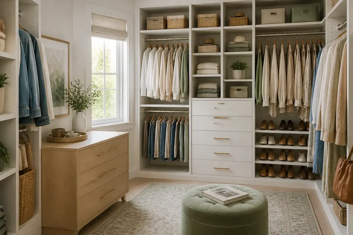 A styled closet with muted sage green accents