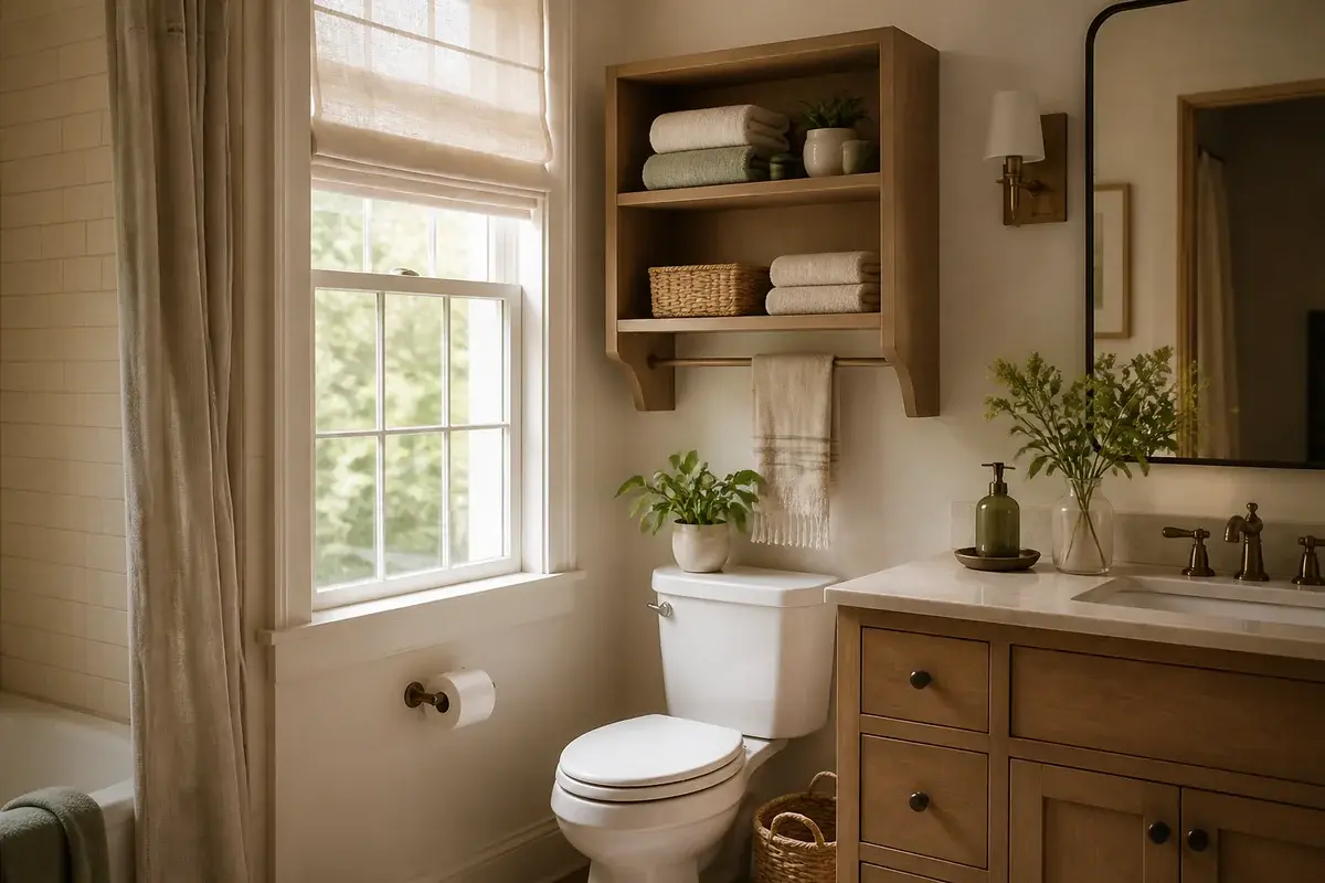 A styled bathroom with muted sage green accents