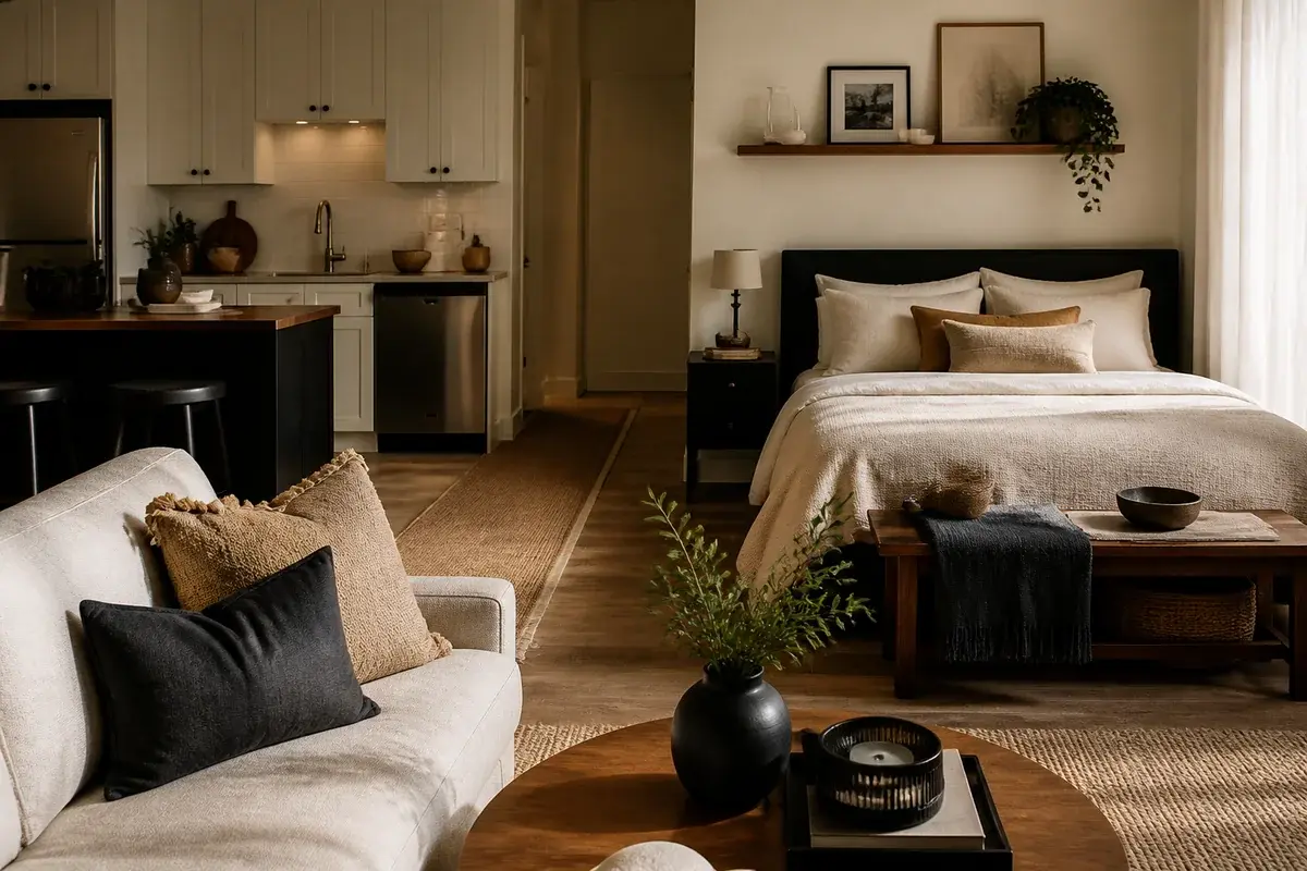 AI-generated illustration of a studio apartment with the kitchen, a bed with a black headboard and a cream sofa in one open room, zoned by jute rugs and a bench