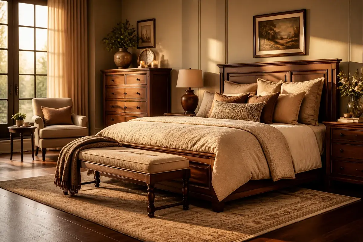 A styled bedroom with rich espresso brown accents
